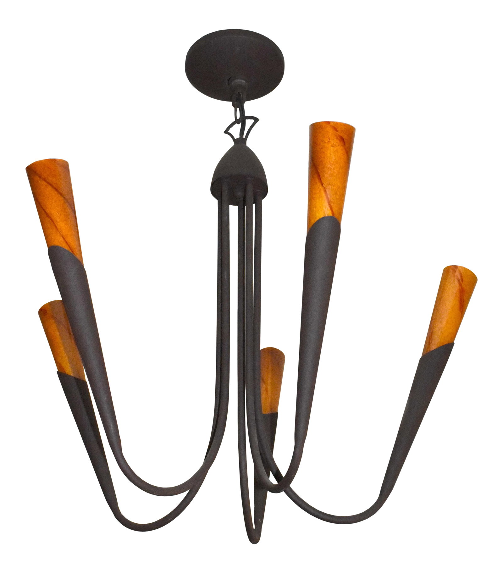 Mid-Century Modern Chandelier: This modern Wrought Iron 5 Light Black Chandelier features hand forged arms in rubbed bronze finish with amber blown glass shades. Clean lines and classic form give this fixture a timeless look that