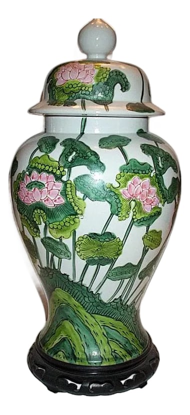 Chinoiserie-Style Porcelain / Temple /Ginger Jar -Made in Japan: This is a Chinoiserie-style porcelain ginger jar with gold label LJ -Made in Japan Present owner has had this Temple / Ginger Jar for +30 years. It features a vibrant water lily and lotus flower motif
