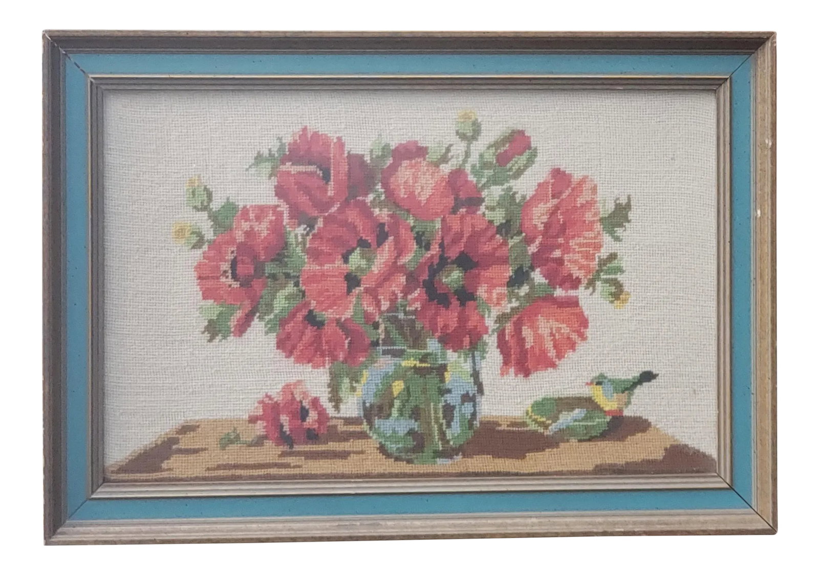 Vintage 1950s Boho Framed Floral Needlepoint With a Bird: Vintage floral still-life, needlepoint embroidery framed in a vintage 1950s shabby chic/ boho frame with glass. Condition: Alterations: Original Condition Unaltered Imperfections: Some Imperfections