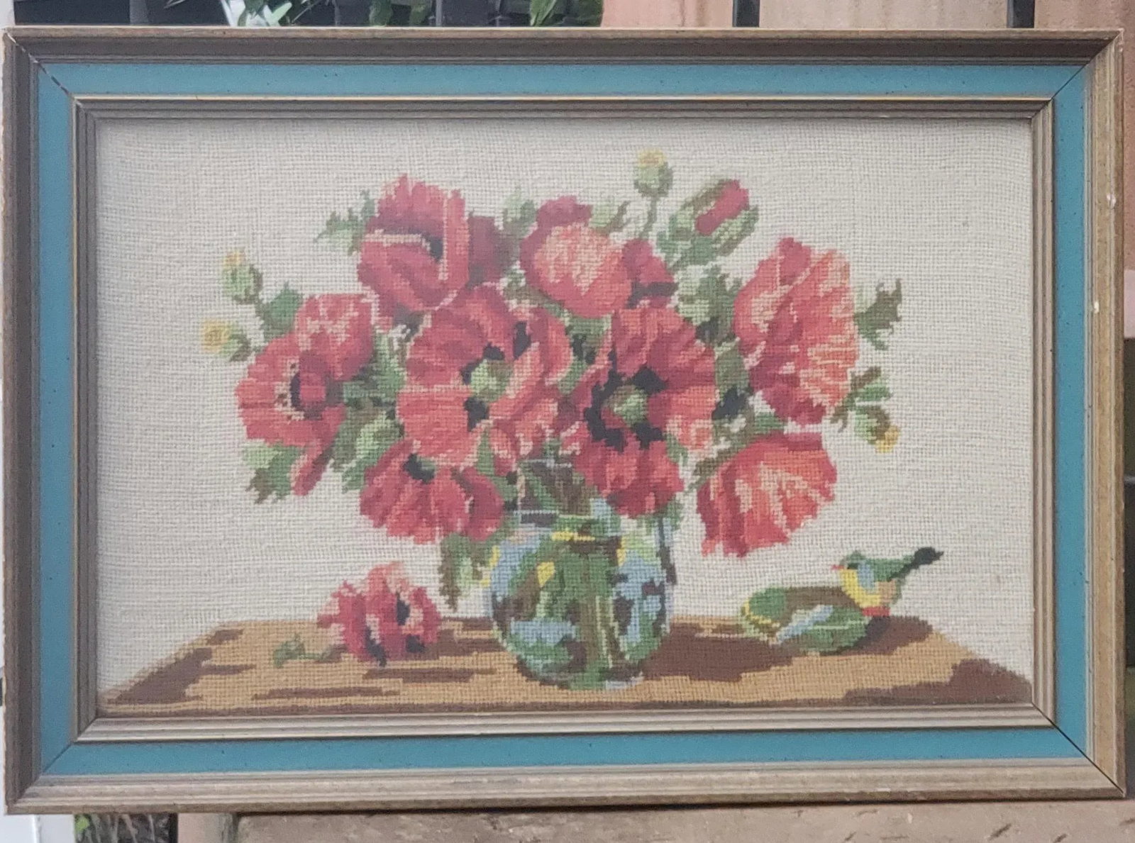 Vintage 1950s Boho Framed Floral Needlepoint With a Bird - 4