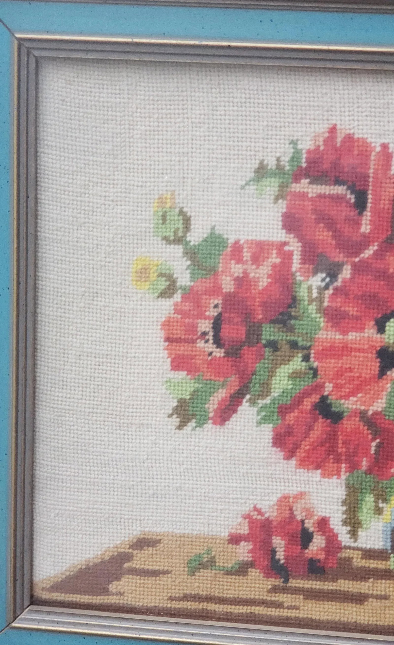 Vintage 1950s Boho Framed Floral Needlepoint With a Bird - 5
