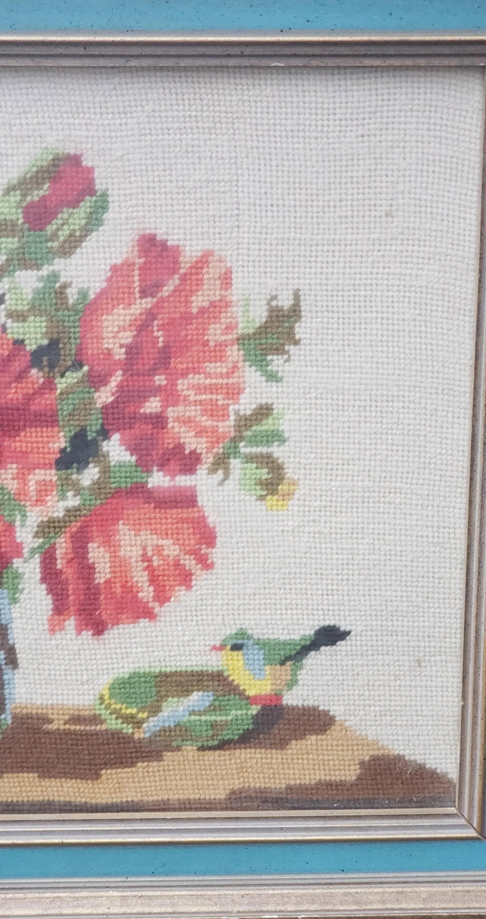 Vintage 1950s Boho Framed Floral Needlepoint With a Bird - 6