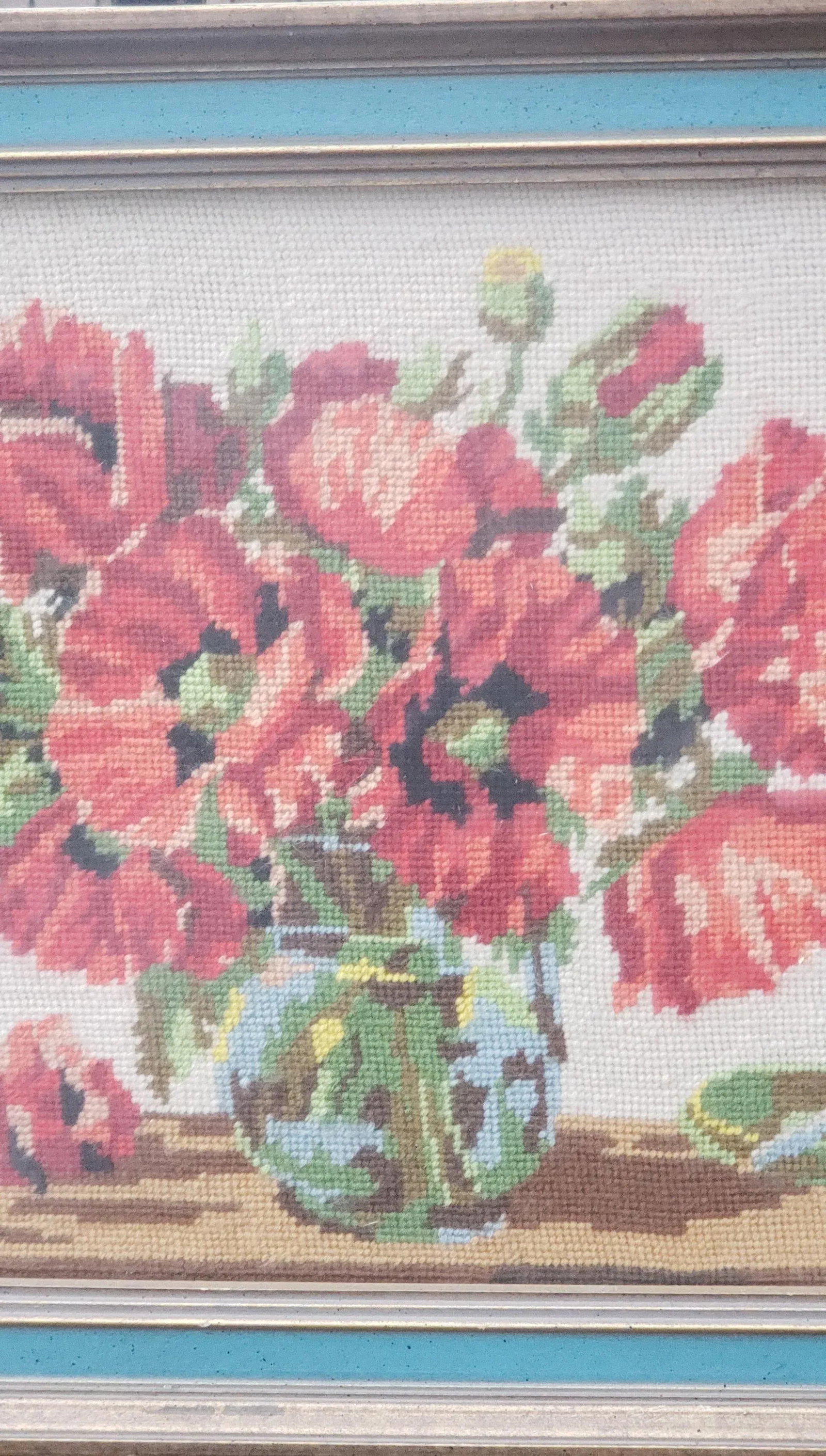 Vintage 1950s Boho Framed Floral Needlepoint With a Bird - 7