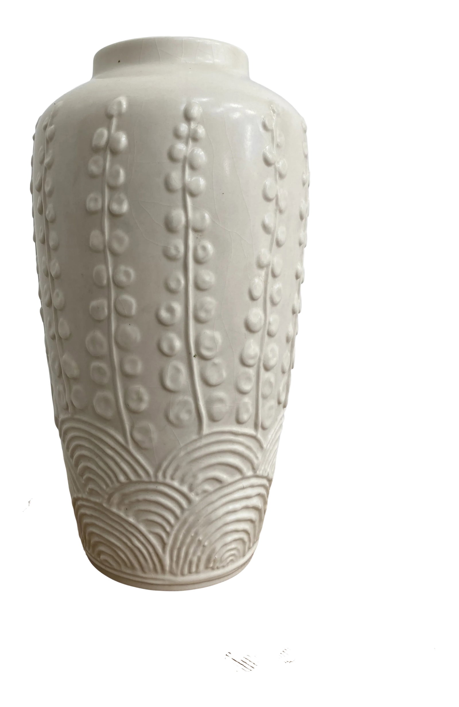 1940's Modern Matte White Ceramic Vase by Rockwood: 1940's American matte white glazed art pottery vase by Rockwood Pottery Company. Very rare. Condition: Alterations: Original Condition Unaltered Imperfections: Some Imperfections Condition Notes: In