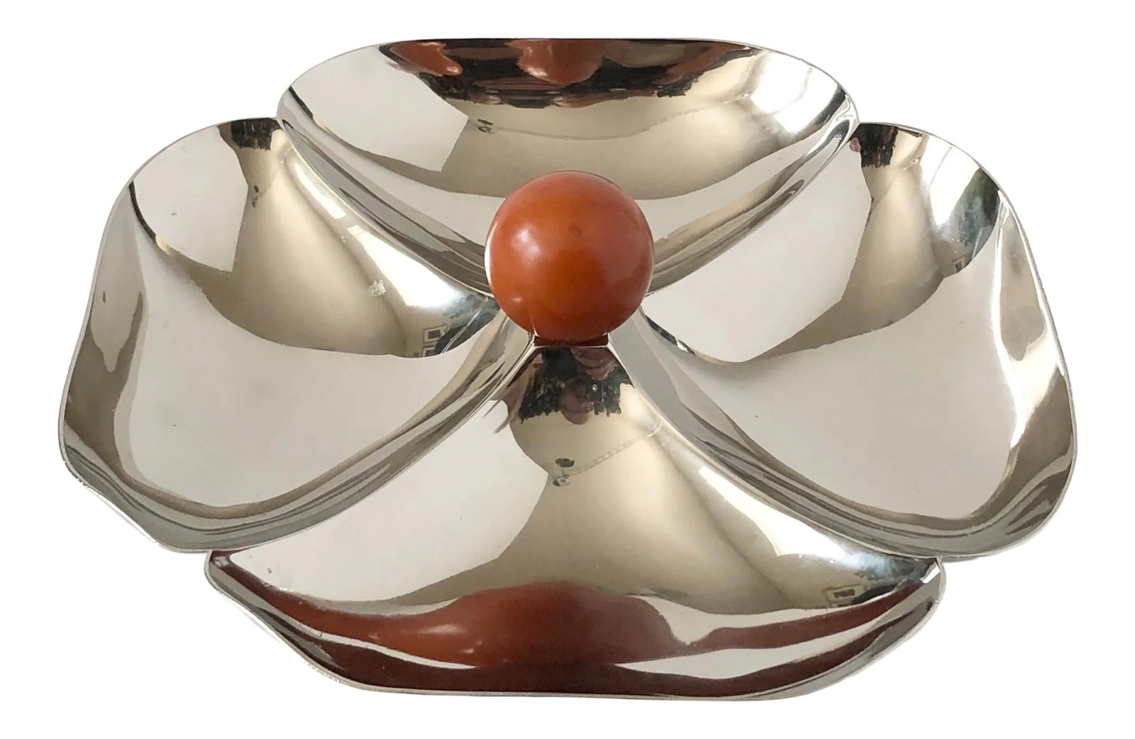 Mid-Century Modern Candy Serving Dish: Mid-Century Modern chrome candy dish/serving piece in the form of a flower pattern, with a caramel color round knob. Circa 1950's. The dish is in the style of Chase. Condition: Alterations: Original C