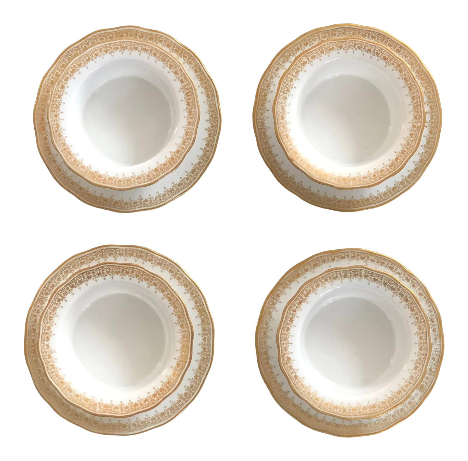 Antique Limoges Porcelain Ramekins & Saucers Set- 8 Pieces: Serve a special holiday pudding in these antique D & C France L. Bernardaud Limoges ramekins. The circa 1900 vintage Limoges porcelain bowls and saucers have a beautiful gold design around the rims. T