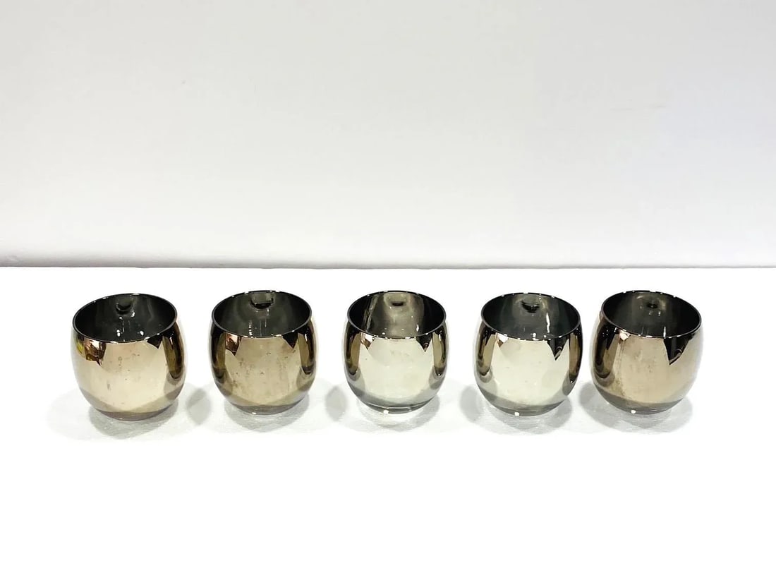 C. 1960s Vintage Round Barware Whiskey Glasses With Silver Overlay- Set of 5 - 12