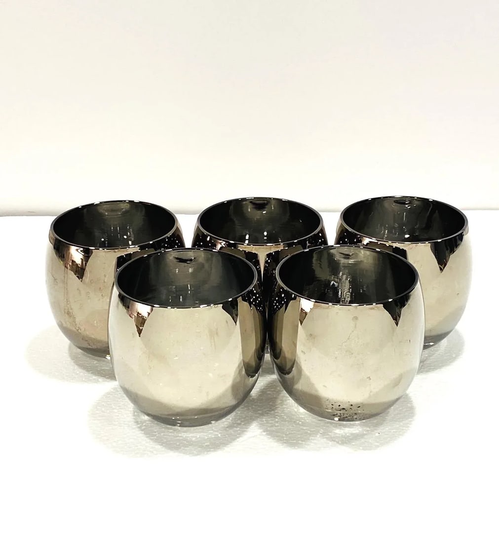 C. 1960s Vintage Round Barware Whiskey Glasses With Silver Overlay- Set of 5 - 13