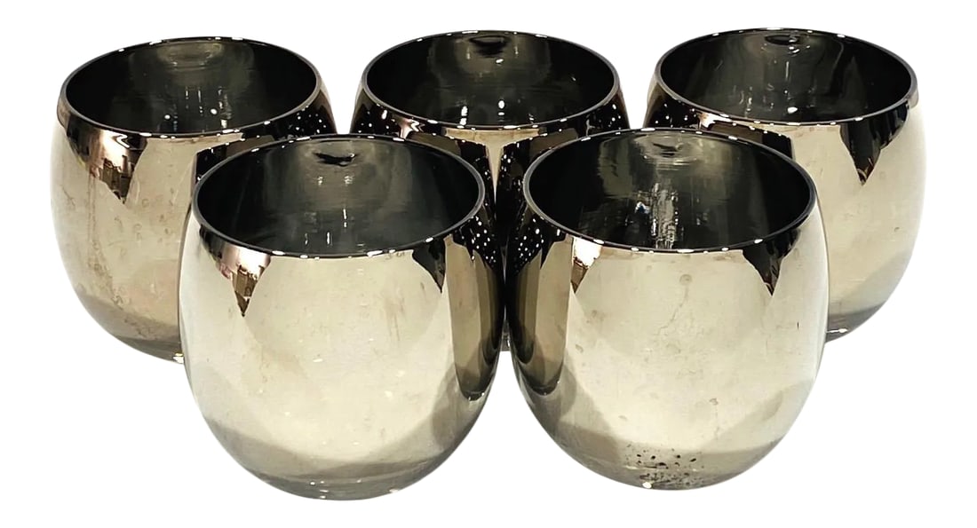 C. 1960s Vintage Round Barware Whiskey Glasses With Silver Overlay- Set of 5: Iconic Mid-Century Modern barware glasses with silver overlay design. Great looking large rock glasses are often referred to as roly-poly glasses because of their round forms. The cocktail glasses are