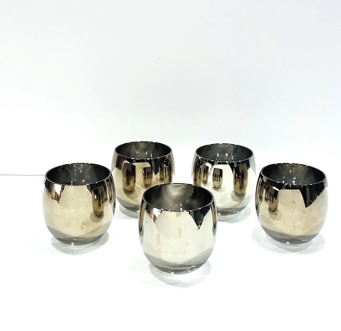 C. 1960s Vintage Round Barware Whiskey Glasses With Silver Overlay- Set of 5 - 2