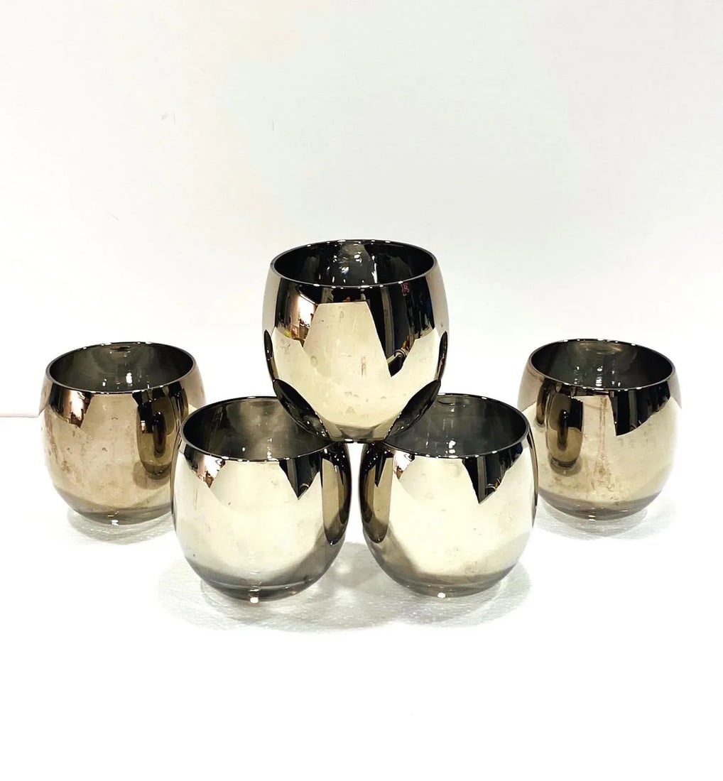 C. 1960s Vintage Round Barware Whiskey Glasses With Silver Overlay- Set of 5 - 3