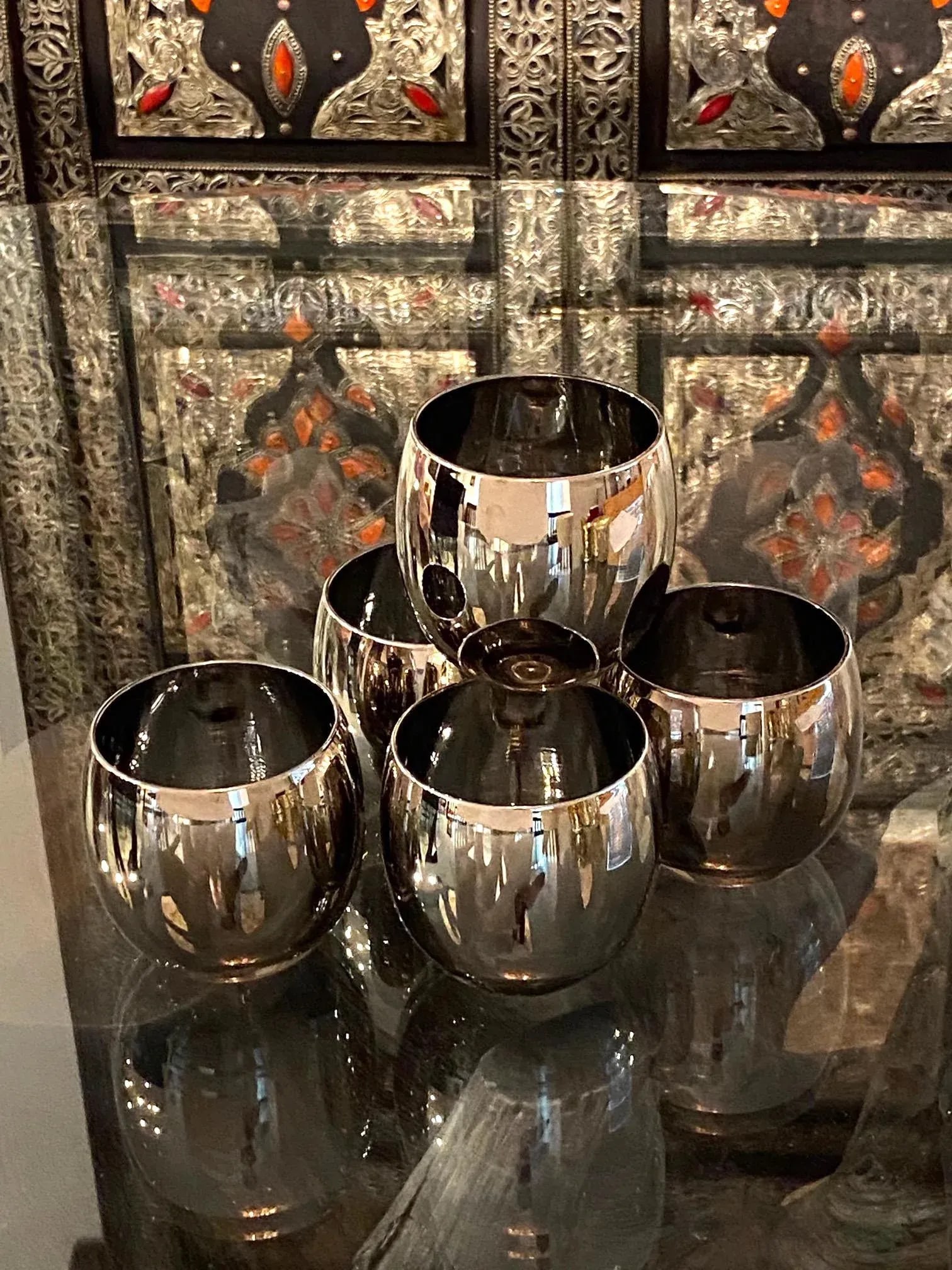 C. 1960s Vintage Round Barware Whiskey Glasses With Silver Overlay- Set of 5 - 5