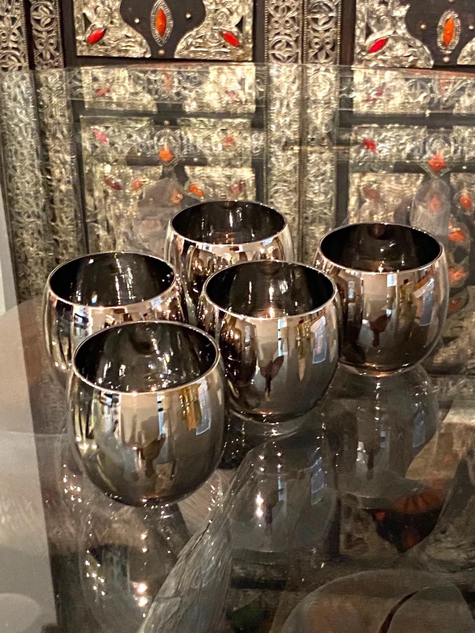 C. 1960s Vintage Round Barware Whiskey Glasses With Silver Overlay- Set of 5 - 6