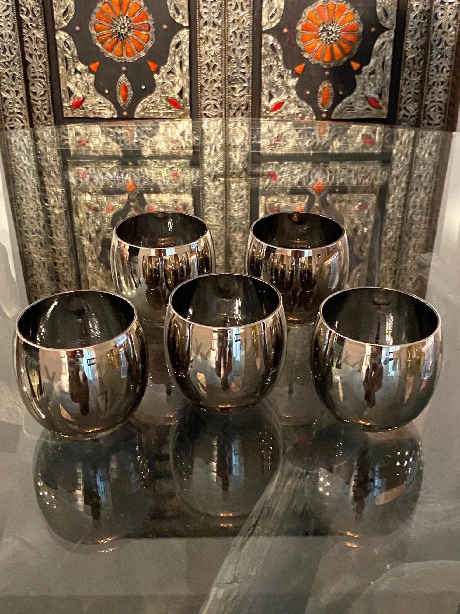 C. 1960s Vintage Round Barware Whiskey Glasses With Silver Overlay- Set of 5 - 7