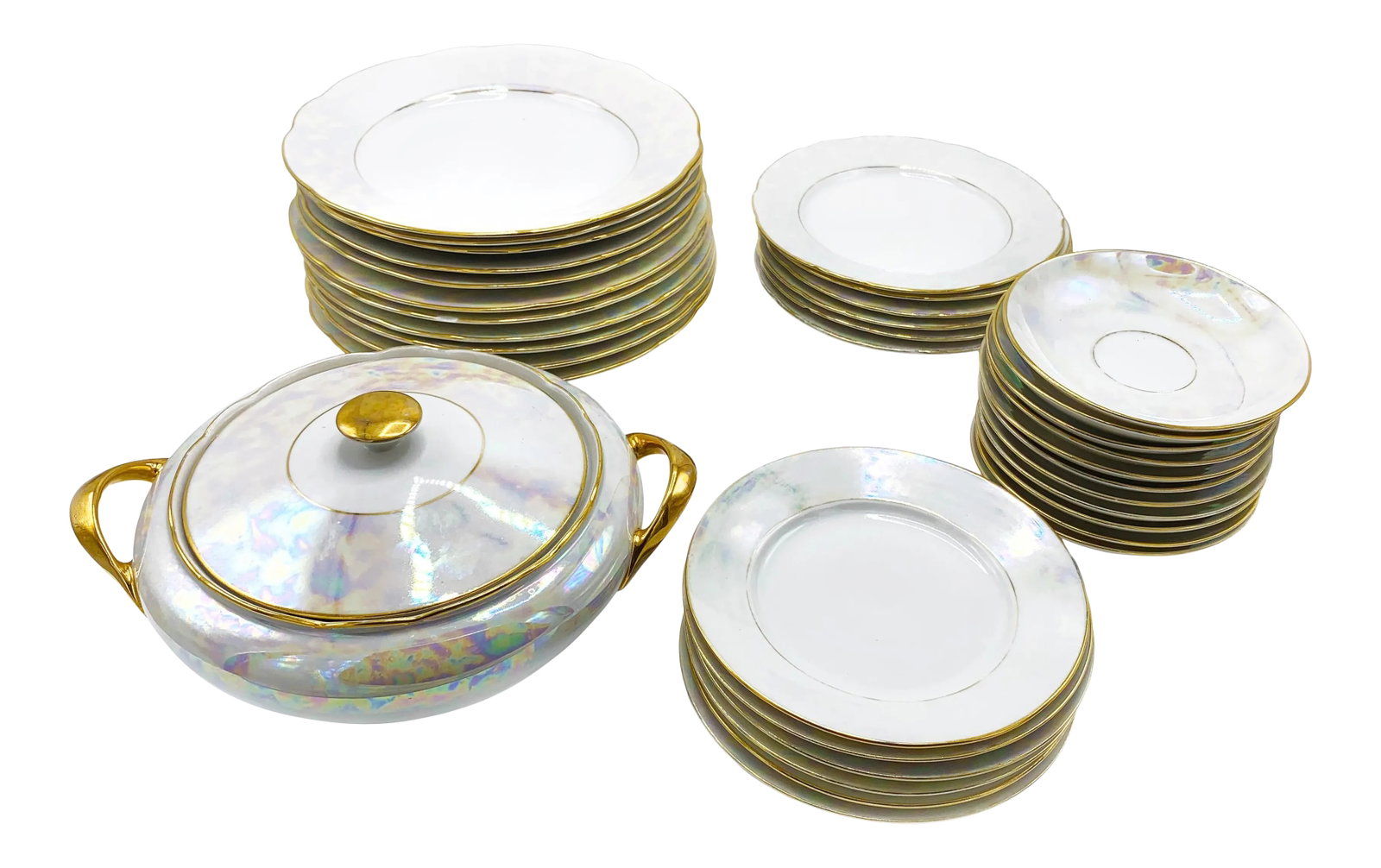 1940s Mz Czechoslovakia Lusterware Gilt China Serving Set - 35 Pieces: This stunning 35 piece dining set was made by MZ in the 1940's in Czechoslovakia. The opalescent and iridescent gilded set includes: 11 large dinner plates with scalloped edges, 6 medium plates with