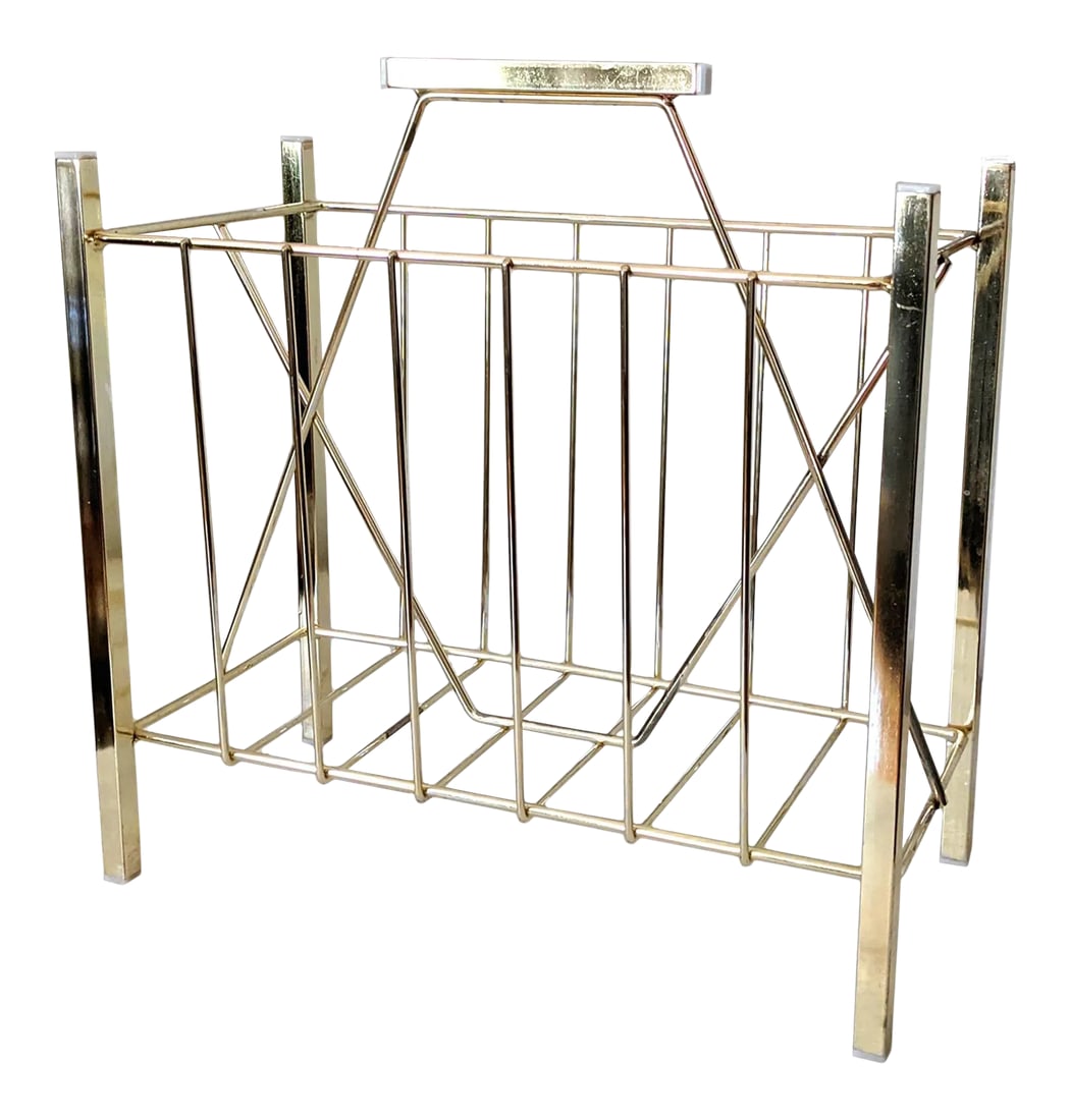 Vintage Large Mid Cenury Modern Standing Magazine Rack: Mid Century Modern floor standing magazine rack with legs and top handle. The rack is metal with mirrored gold finish. Larger size rack measures 18" across and 18" tall. Condition: Alterations: