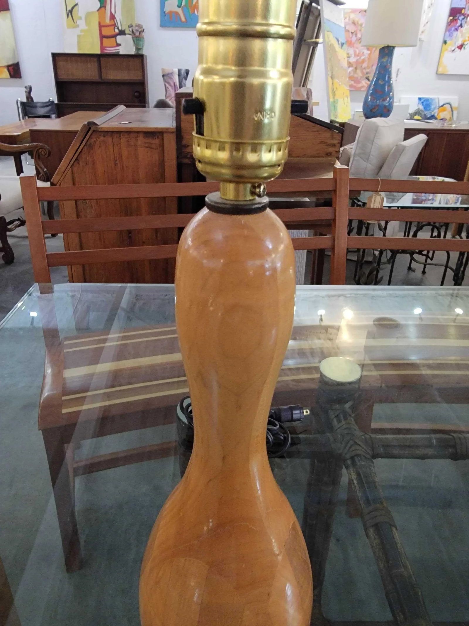 Vintage 1980s Maple Bowling Pin Folk Art Table Lamp - 7