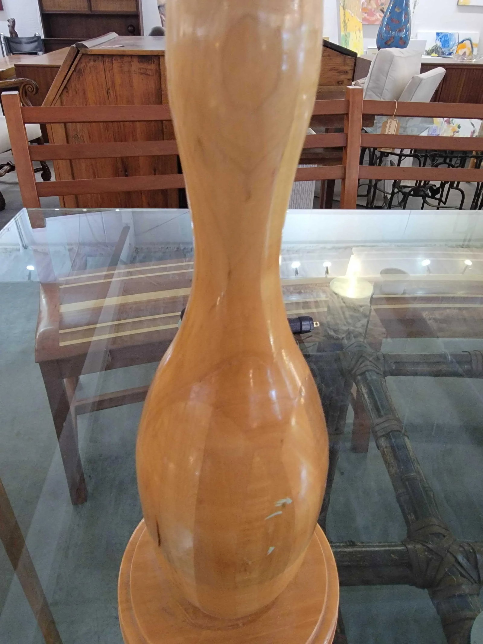Vintage 1980s Maple Bowling Pin Folk Art Table Lamp - 8