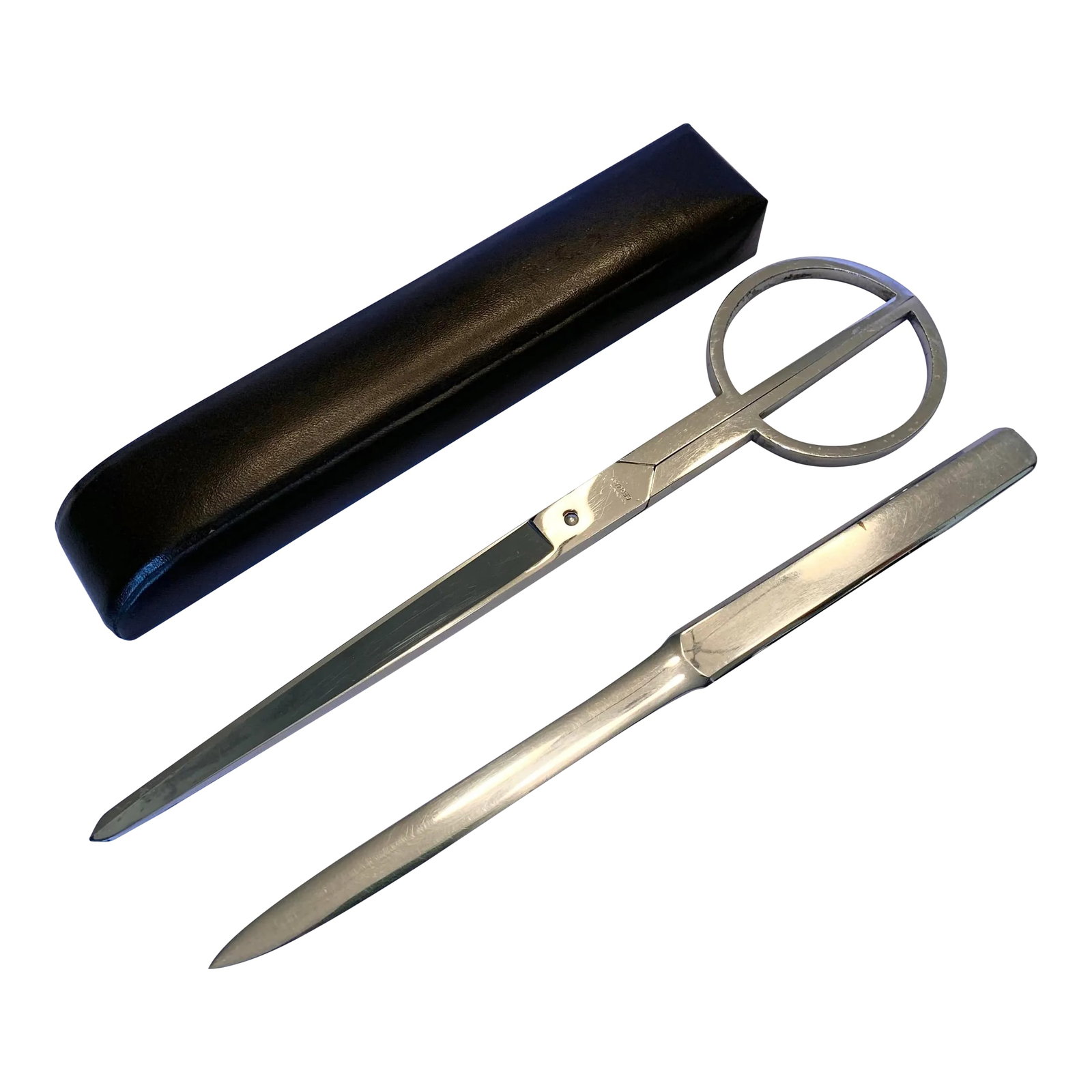 J.A.Henckels Scissor & Letter Opener Leather Case Desk Set - 3 Piece Set: Vintage J.A. Henckels Zillingswerk Solingen scissor and letter opener set with custom genuine leather case and felted bottom. An amazing desk accessory. Condition: Alterations: Original Condition Unal