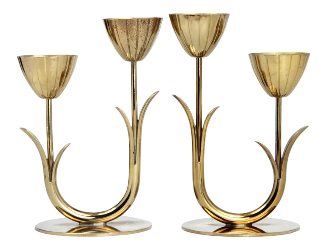 1950s Swedish Brass Ystad Metall Candlesticks - a Pair: Add some Swedish design to your decor with this iconic pair of mid-century brass candlesticks designed by Gunnar Ander for Ystad Metall in the 1950s. Gunnar was a Swedish architect who designed timele