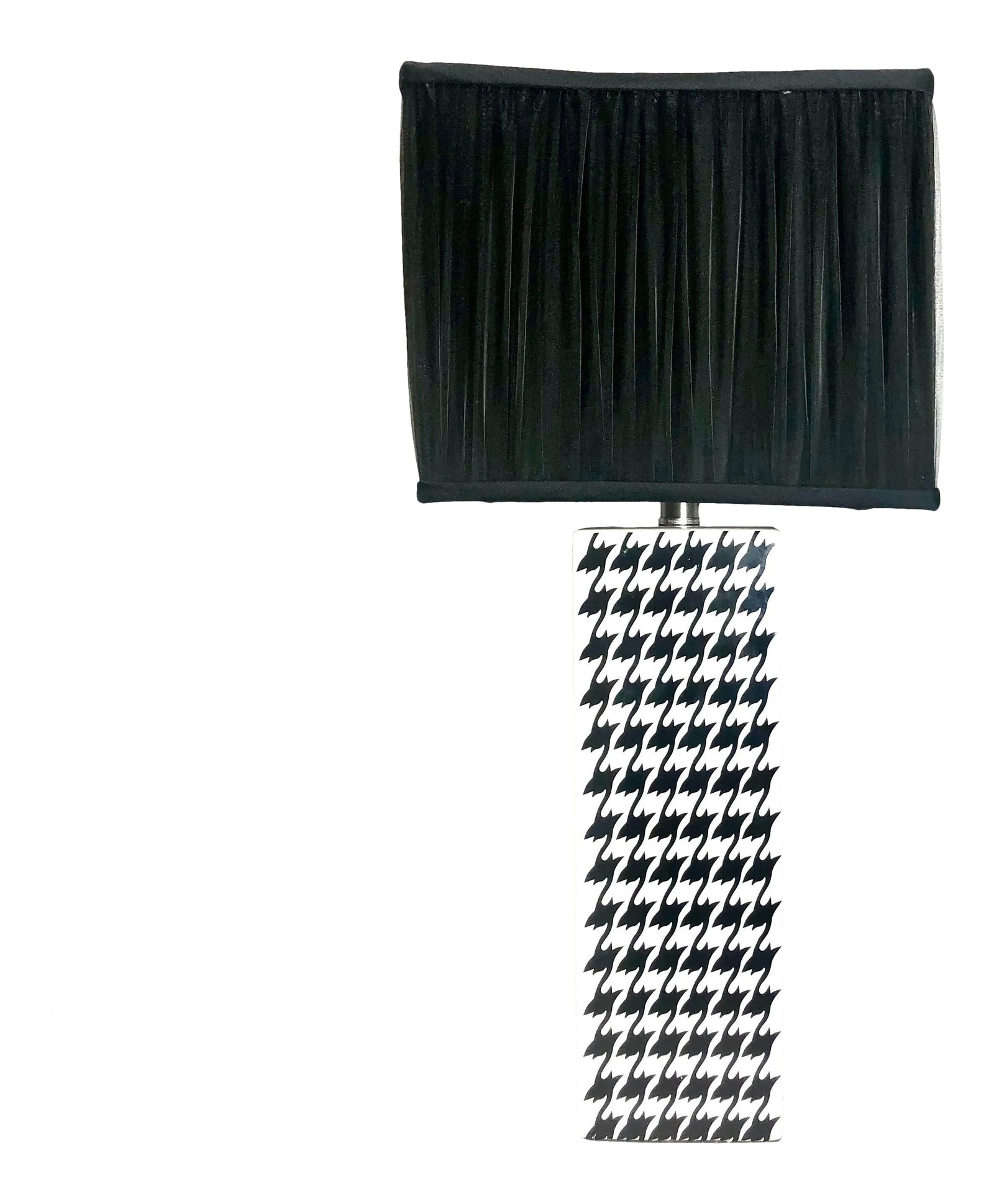 Porcelain Houndstooth Table Lamp: Wonderful white porcelain with a black modern houndstooth zigzag pattern . Rectangular body with original, square, pleated shade. CONDITION: Very good condition. small, white manufacturer defect on