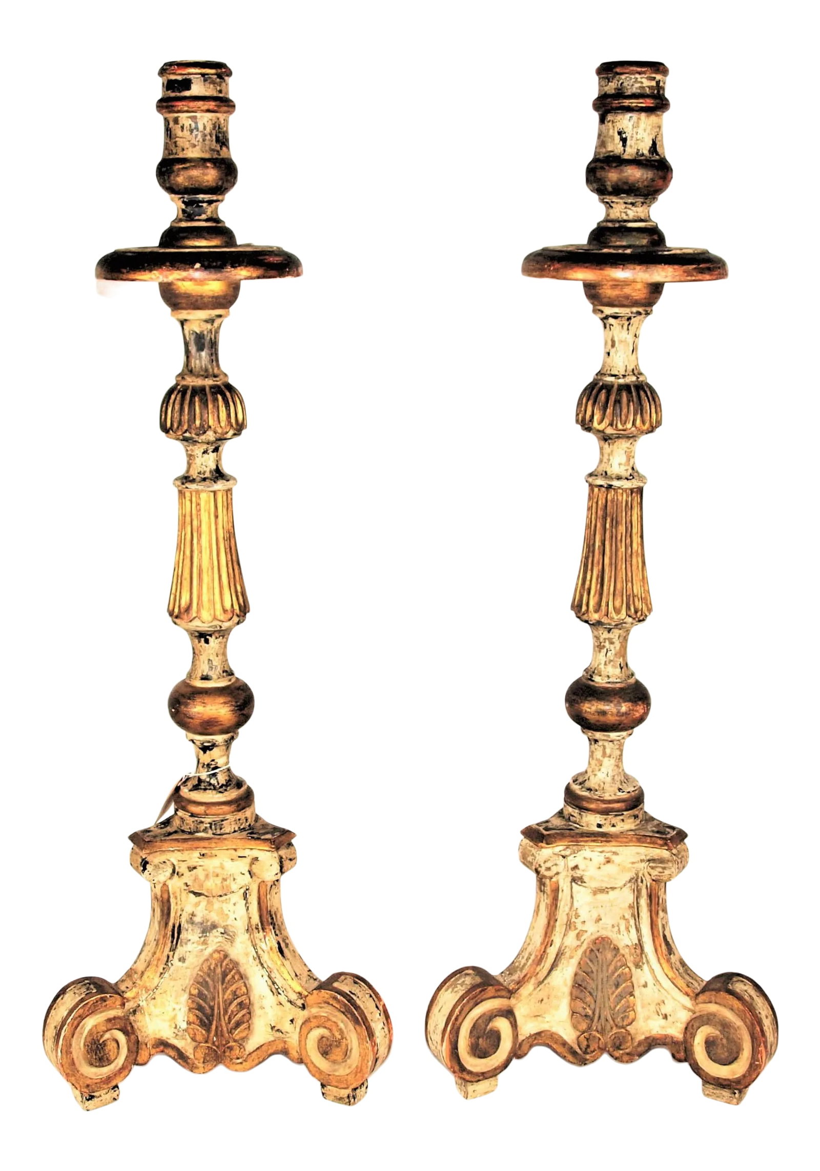 Vintage Tall Painted Candlesticks with Lamp Bases- a Pair: An Vintage pair of painted tall candlesticks. Used as candlesticks they are also drilled though to use as lamp base. Painted in cream, gold and black trim. Measures 34" high, bottom diameter is 11"