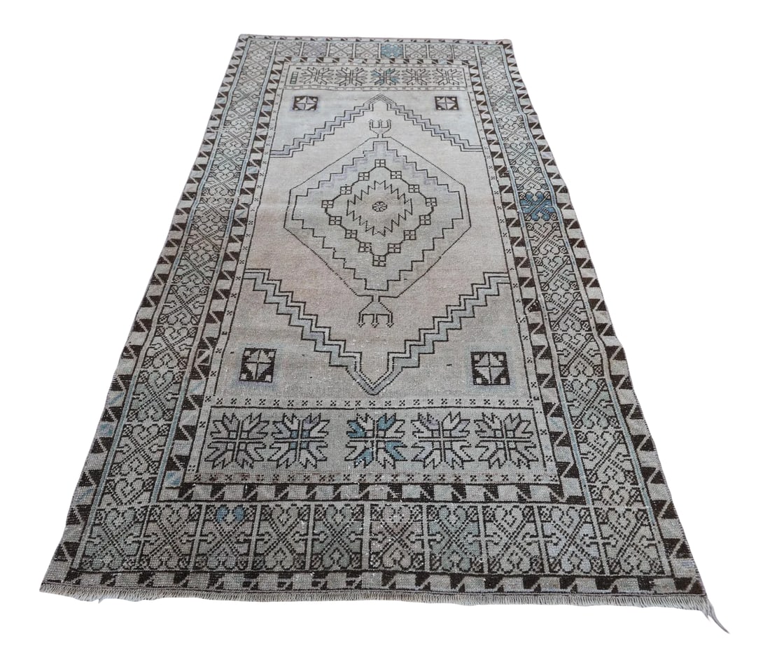 1970s Traditional Antique Turkish Hand Knotted Vintage Oushak Area Rug: 1970s Traditional Antique Turkish Hand Knotted Vintage Oushak Area Rug Size: 3.5 x 5.9 ft - 106 x 180 cm - 42 x 71 inches Color: Organic Natural Dye ( Brown, Beige, Blue, Cream ) Material: 100% Hand