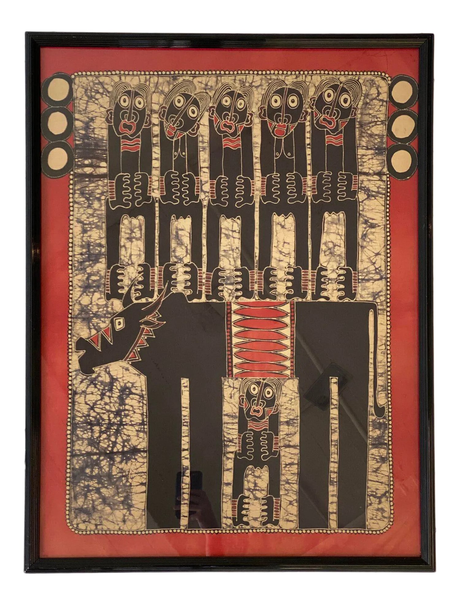 Vintage Large Scale Original Batik Artwork, Circa 1970s: Vintage Large Scale Original Batik Artwork, Circa 1970s. Six figures with varied facial expressions are accompanied by a bull. Detailed line-work set against swaths of solid black and red. Batik is a