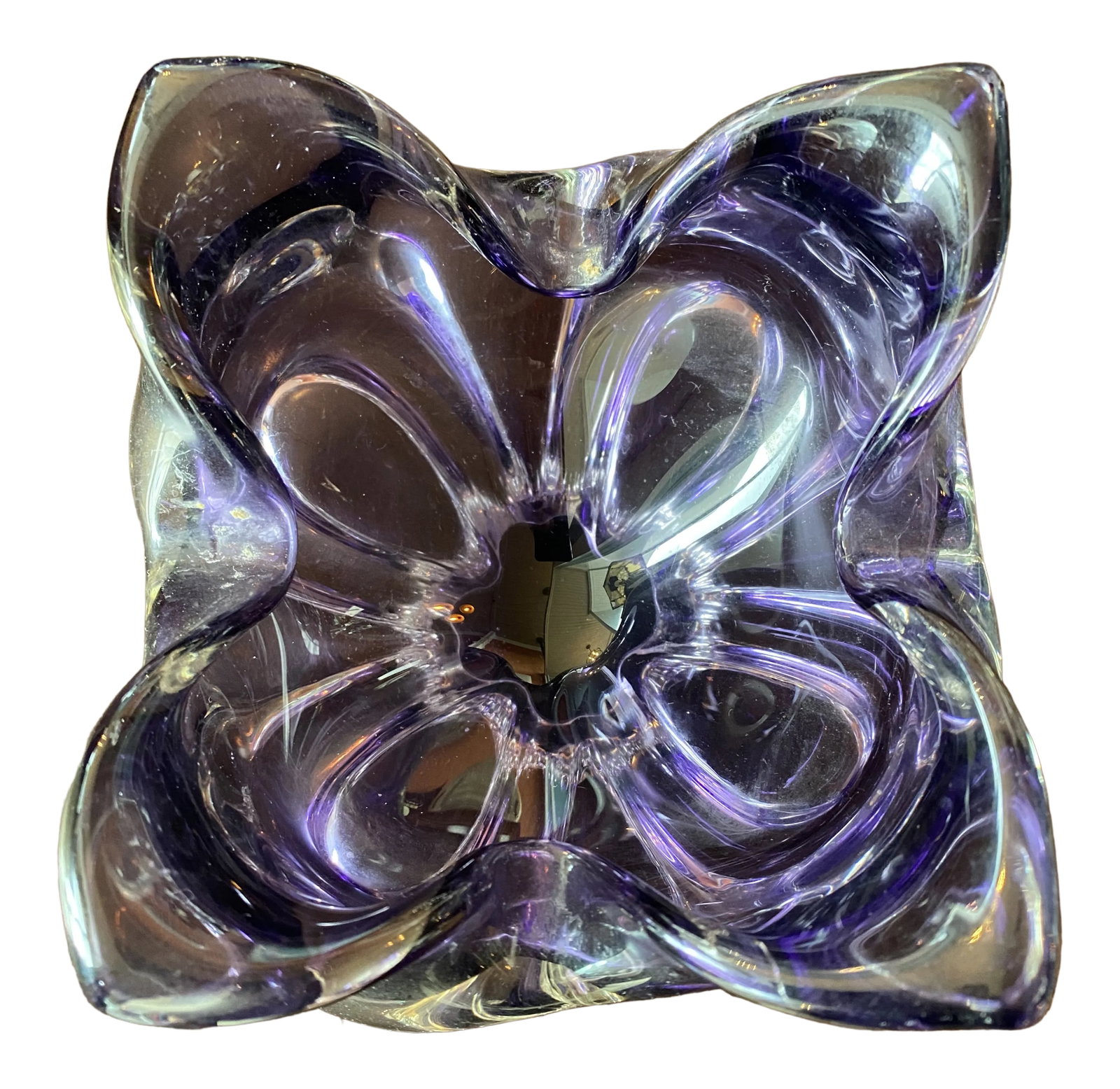 1965 Murano Glass Flower Bloom: Nice Thick Heavy Glass of Murano Blooming Flower in Purple and Clear Colors. Condition: Alterations: Original Condition Unaltered Imperfections: Some Imperfections Condition Notes: Great Shape