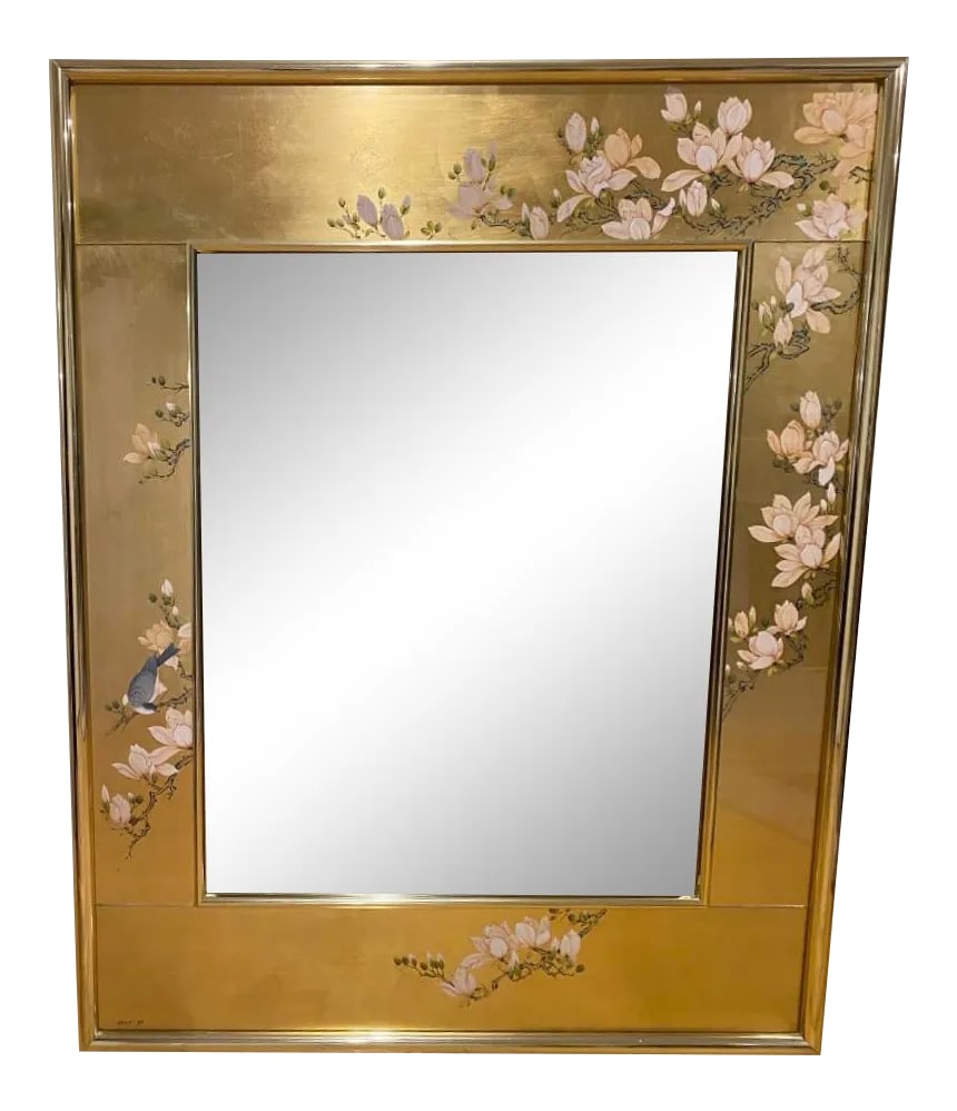 LaBarge Gold Leaf Mirror From the 1980's Pristine Condition: Gold leaf and grand painted cherry blossom and wildlife. Stunning example and 10/10 condition. Pristine, no scratches or marks. Bevelled mirror 48" x 33.5" Condition: Alterations: Original Condition