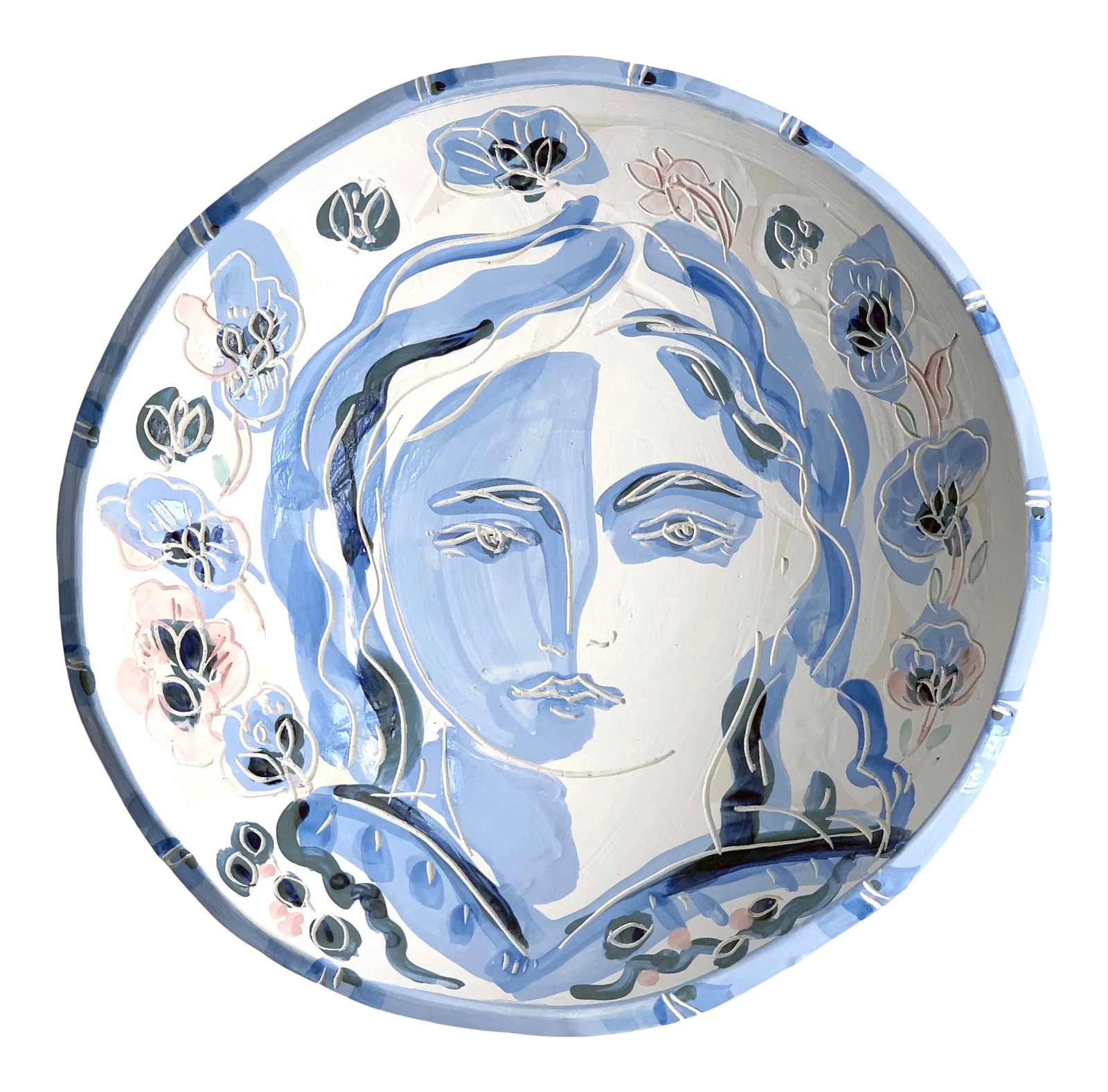 Fleur Blue Contemporary Ceramic Pottery Bowl: One-of-a-kind ceramic pieces, using expressive lines to depict images of women, birds and other themes. Influenced by various cultures, these pieces are glazed in rich earthy colors and imbued with a