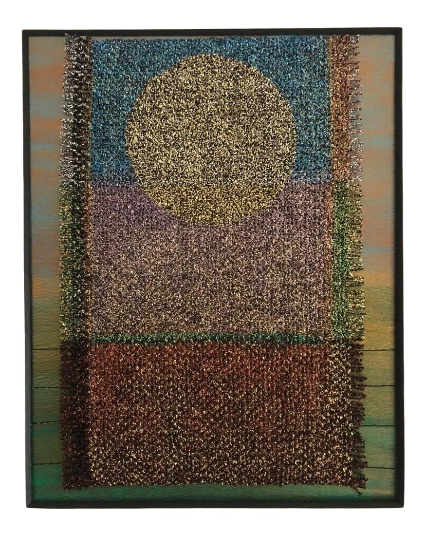 "Autumn Light" Mixed-Media Textile Art by Gay Jensen, Framed: A mixed media artwork by artist Gay Jensen titled "Autumn Light"", part of the series Shimmering Light. Hand woven rayon and cotton fabric painted over a painted background on watercolor paper. A meta