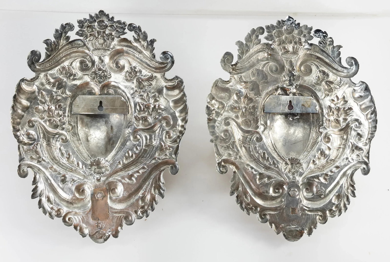 Late 19th Century Dutch or Spanish Silvered Brass Candle Wall Sconces - a Pair - 11