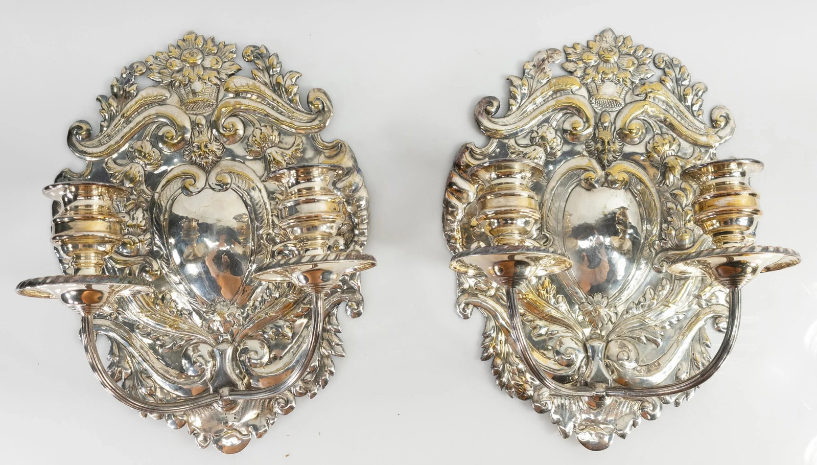 Late 19th Century Dutch or Spanish Silvered Brass Candle Wall Sconces - a Pair - 13