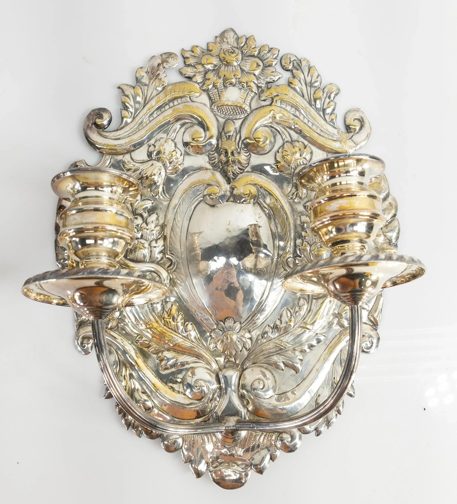 Late 19th Century Dutch or Spanish Silvered Brass Candle Wall Sconces - a Pair - 4
