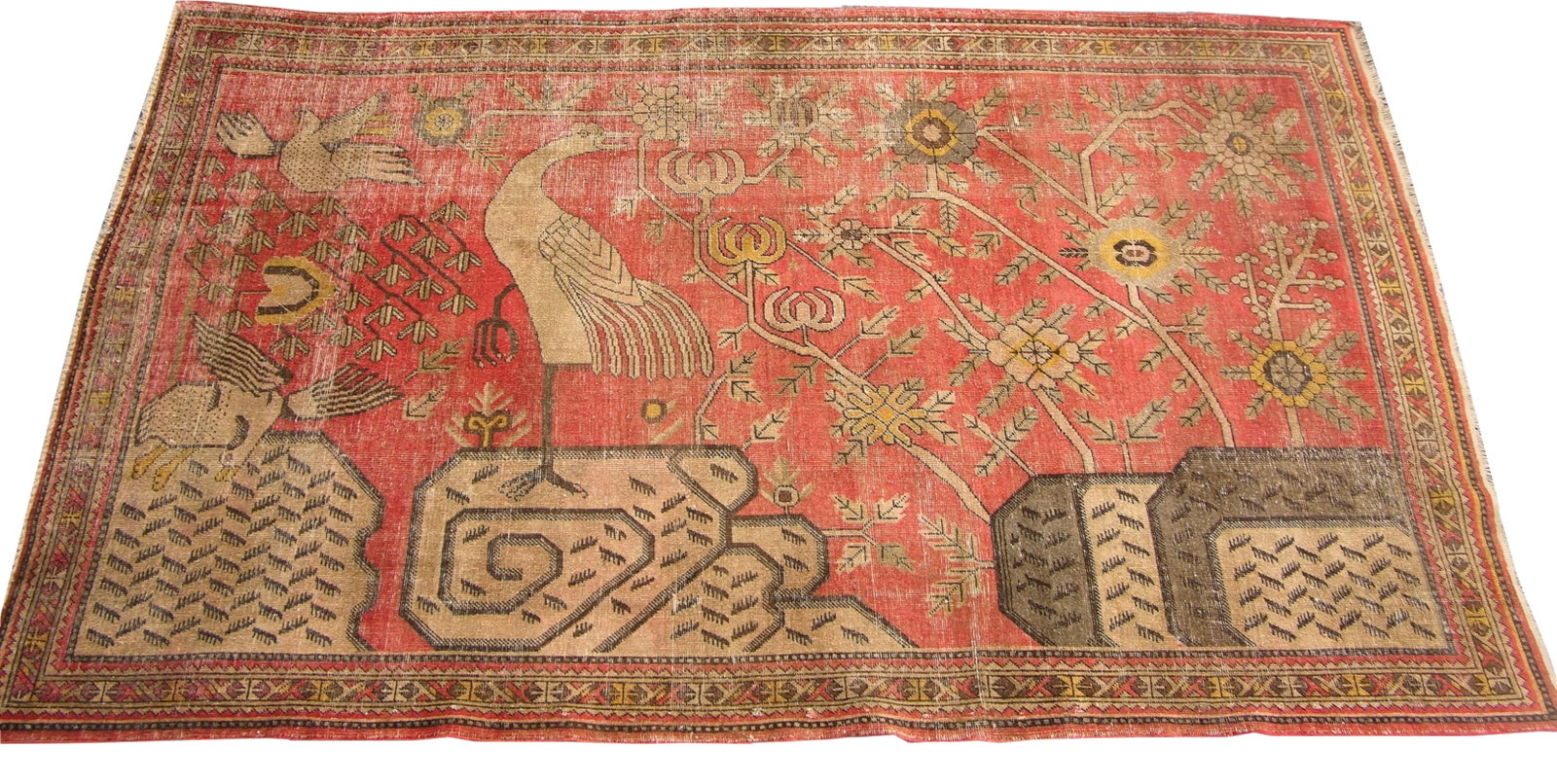 Antique Samarkand Rug with Animal Design: Antique Samarkand Rugs: The desert oasis of Khotan was an important stop on the Silk Road. The people of Khotan were expert carpet weavers who produced high quality antique rugs and carpets for both i