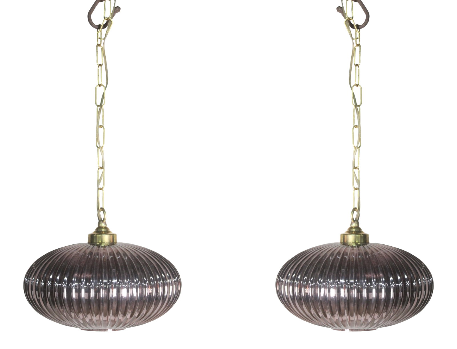 Mid-Century Modern Pale Amethyst Ribbed Glass Pendant Lights - a Pair (1 of 8)
