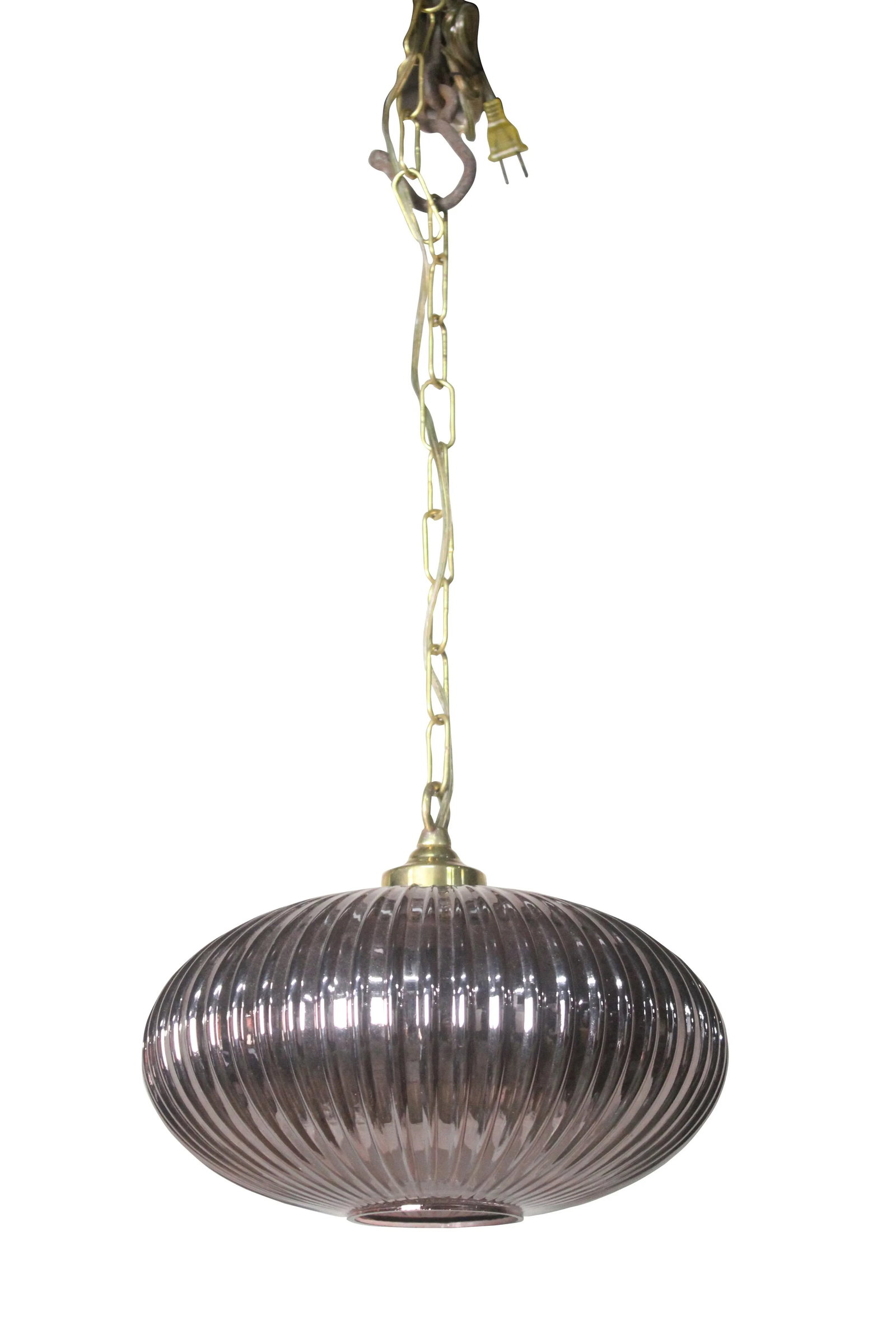 Mid-Century Modern Pale Amethyst Ribbed Glass Pendant Lights - a Pair - 3
