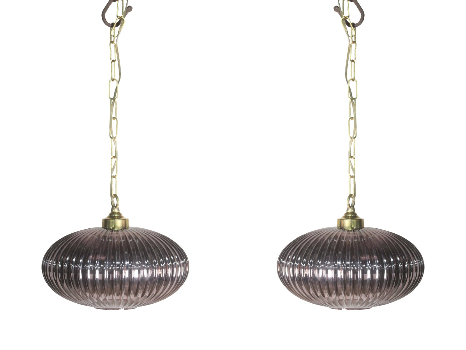 Mid-Century Modern Pale Amethyst Ribbed Glass Pendant Lights - a Pair - 8