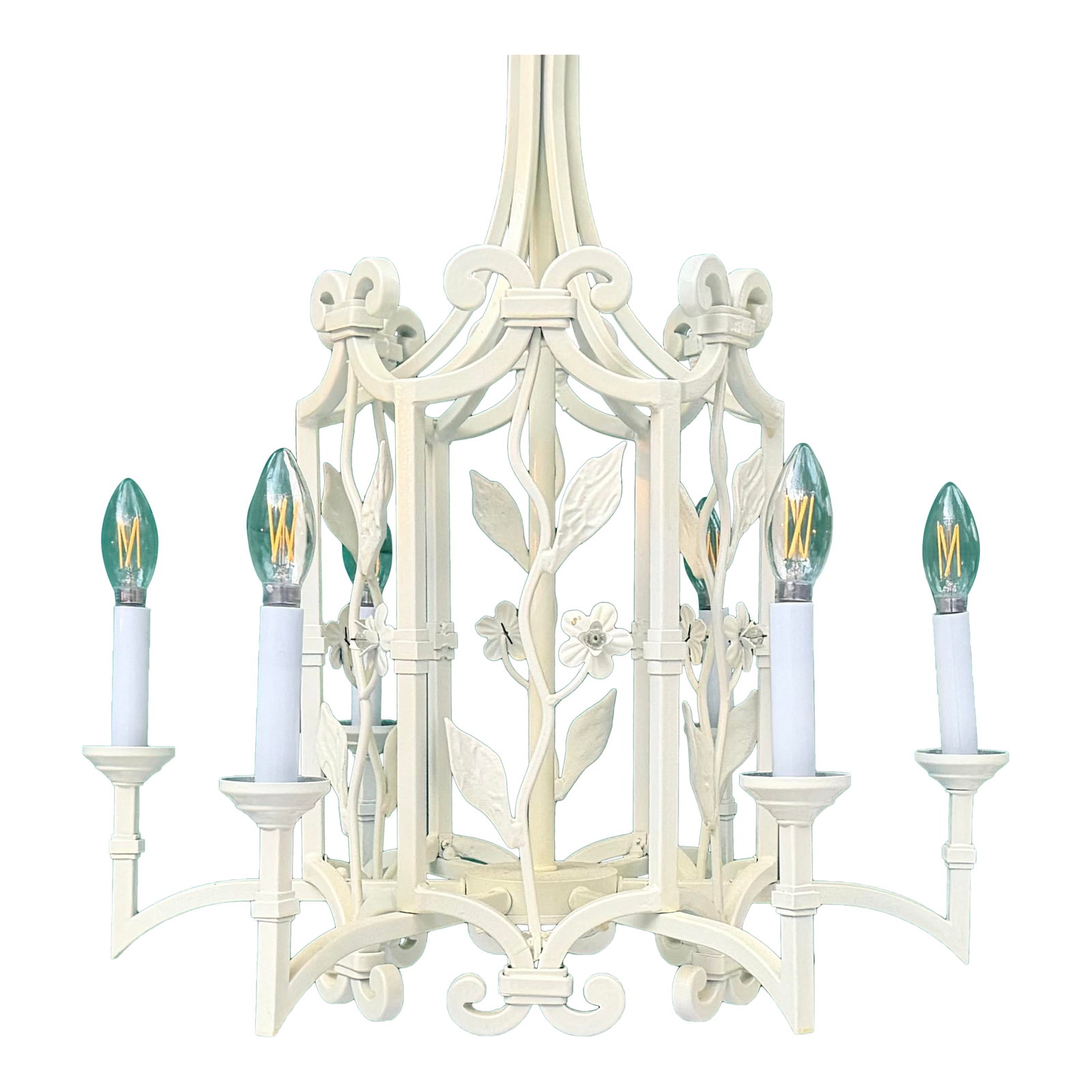 Vintage 6-Light Palm Beach Regency Floral Pagoda-Style Chandelier: Vintage 6-light Palm Beach Regency-style chandelier, painted ivory by previous owner. In very good used condition. Hardwired. Takes 6 candelabra-base bulbs. Shades not included. Measurements: 27 tall