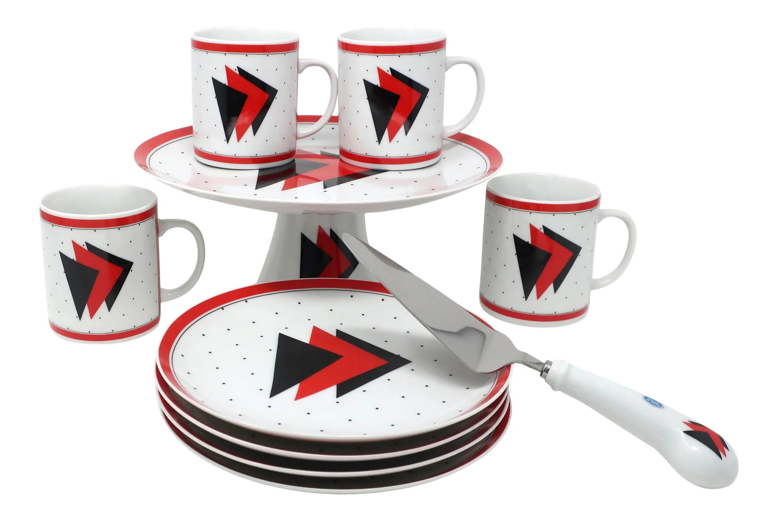 Postmodern Graphix Dessert Set by Saltera Himark 1985: A vintage postmodern dessert set in the Graphix pattern by Japanese ceramics company Saltera Himark from 1985. Decorated with geometric elements, including red and black triangles, black polka dots,