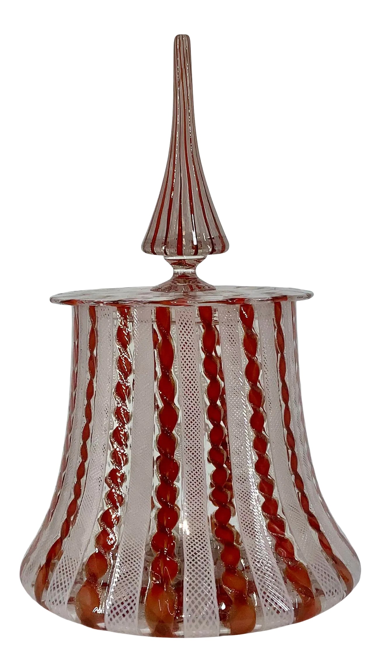 Vintage Murano Glass Lidded Jar: Spectacular large mid century Venetian glass latticino core and ribbon glass covered jar . Great vintage condition . Condition: Alterations: Original Condition Unaltered Imperfections: Some