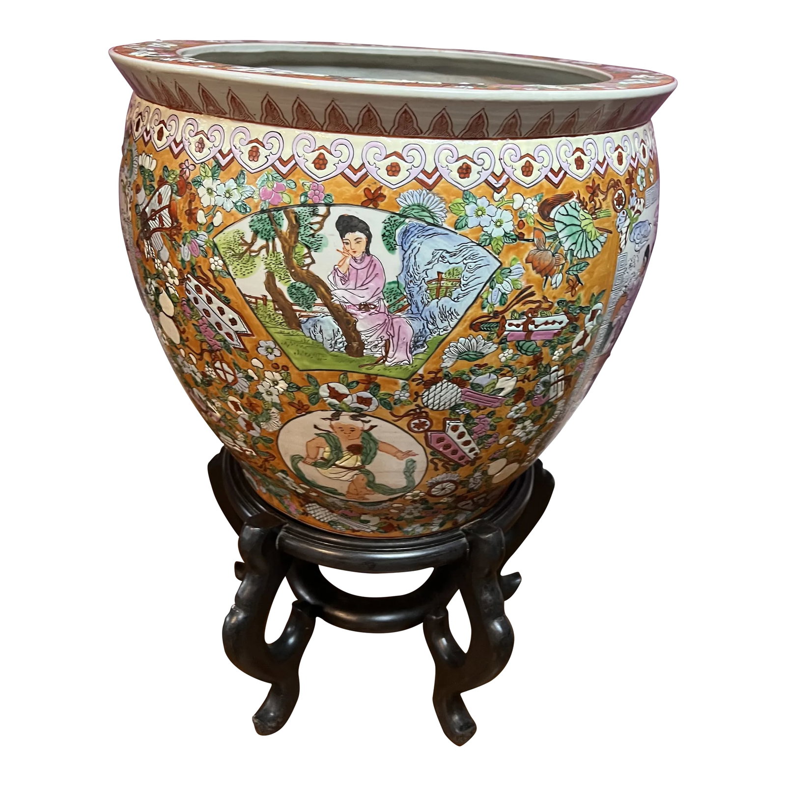 Large Porcelain Chinese Fishbowl Planter With Classic Oriental Decorations and Wood Stand (1 of 8)