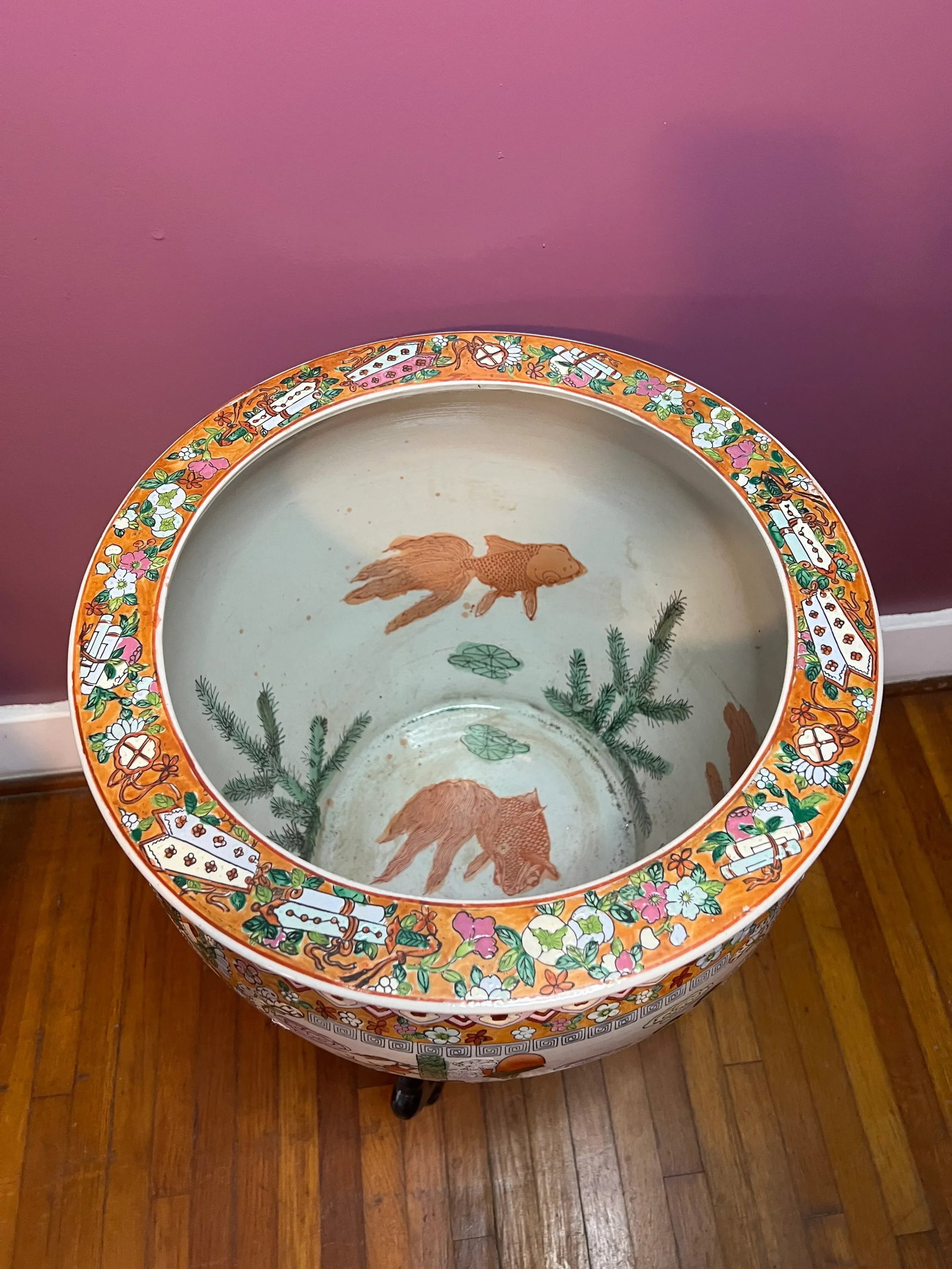 Large Porcelain Chinese Fishbowl Planter With Classic Oriental Decorations and Wood Stand - 3