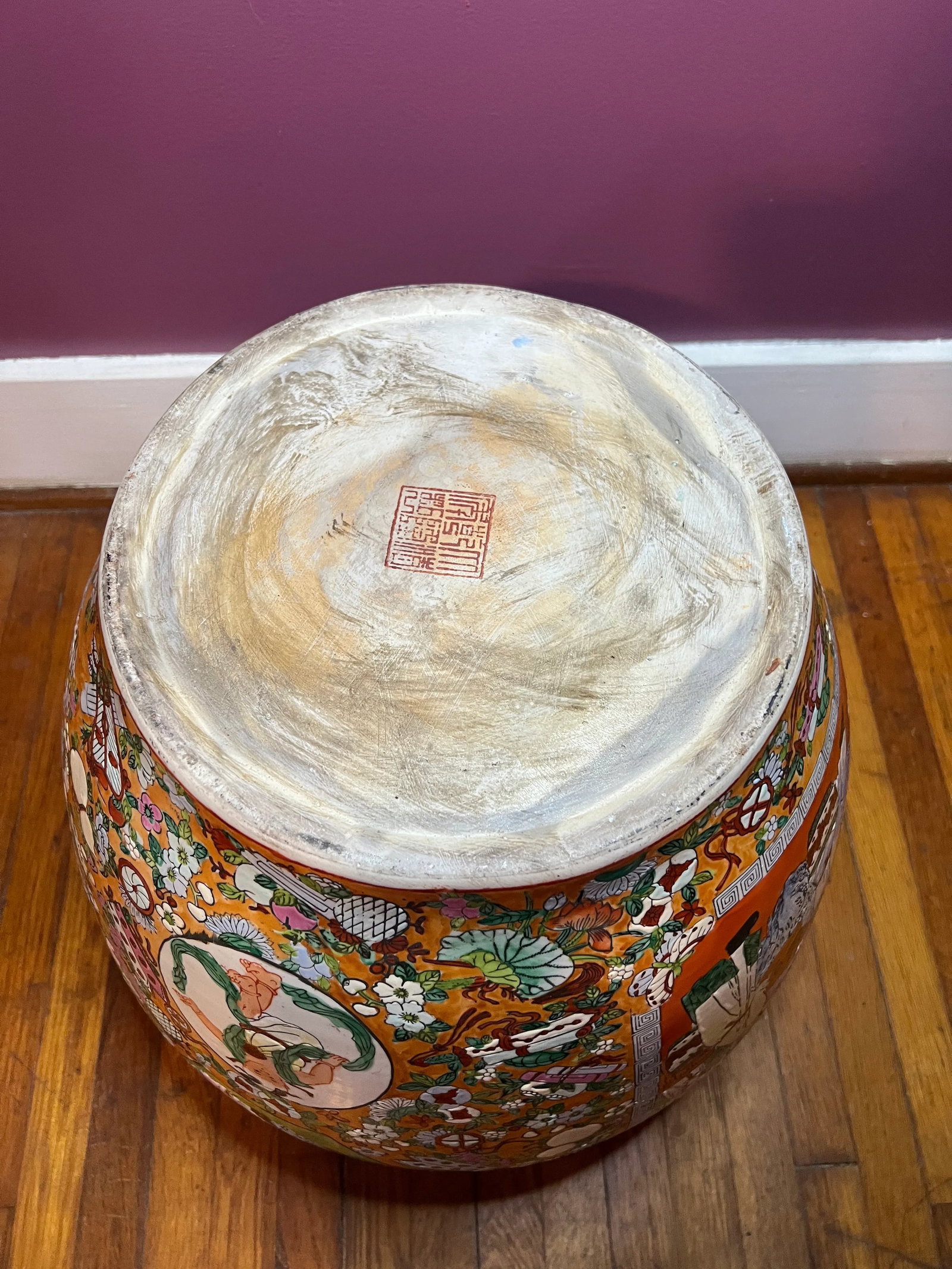 Large Porcelain Chinese Fishbowl Planter With Classic Oriental Decorations and Wood Stand - 4