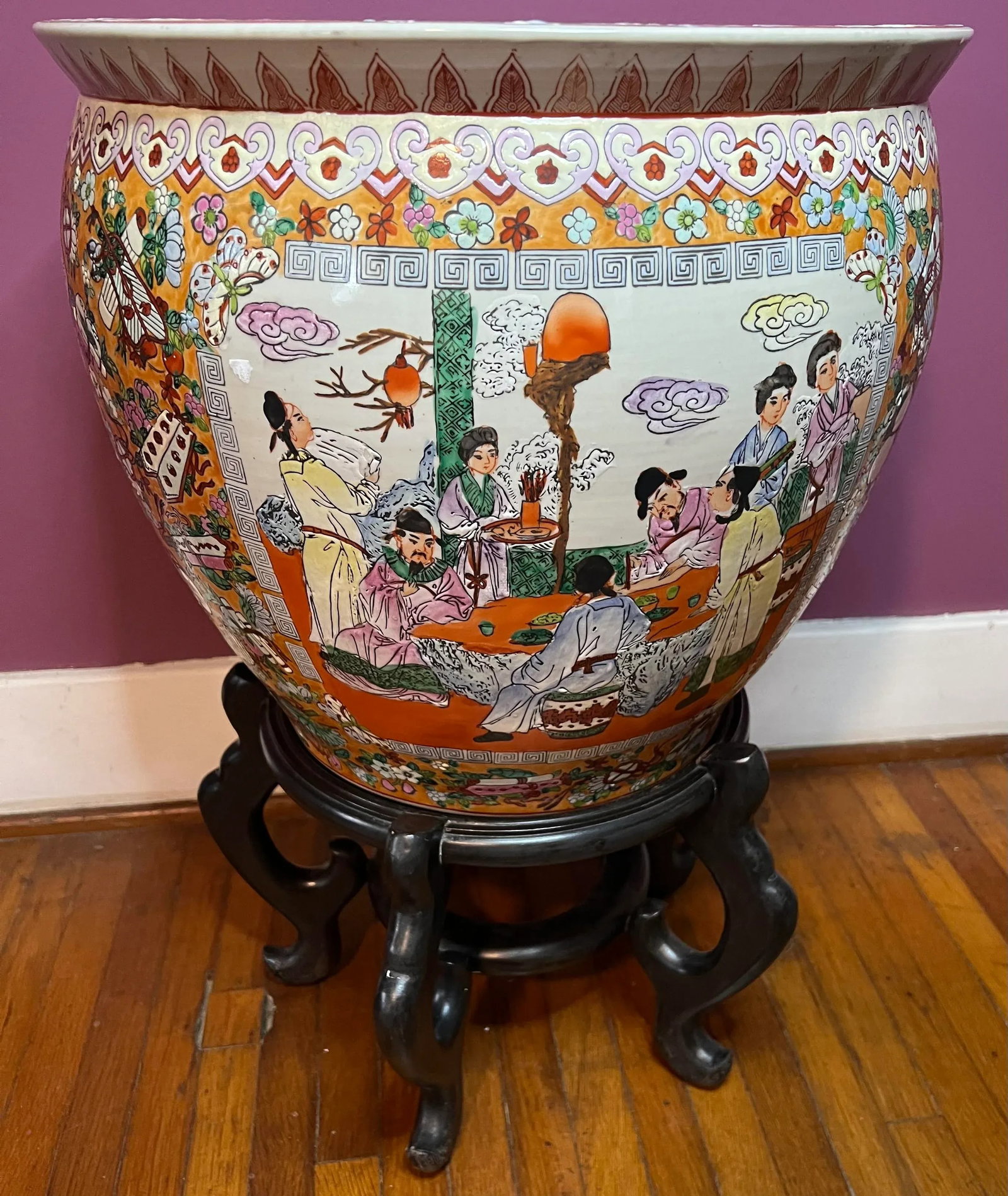 Large Porcelain Chinese Fishbowl Planter With Classic Oriental Decorations and Wood Stand - 7