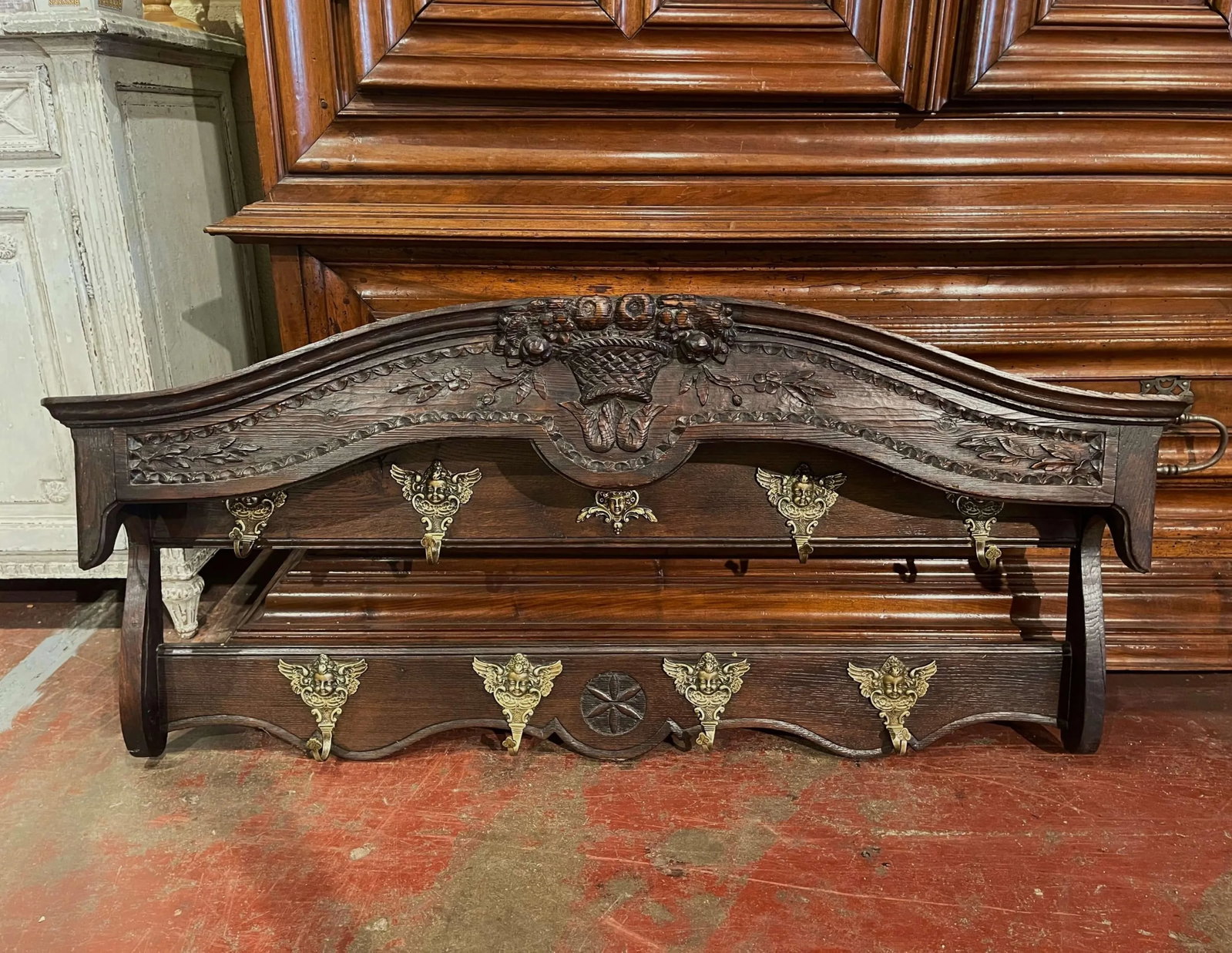 Mid-19th Century French Carved Oak Hanging Shelf With Hooks From Normandy - 6