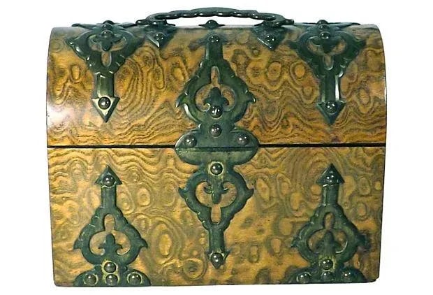 Antique Gothic Burl Wood & Brass Tea Caddy: Antique 19th-century English, Neo-Gothic-style burl wood and brass tea caddy with barrel-style hinged lid. Interior has two separate barrel lidded compartments, One labeled "Black" tea and the other