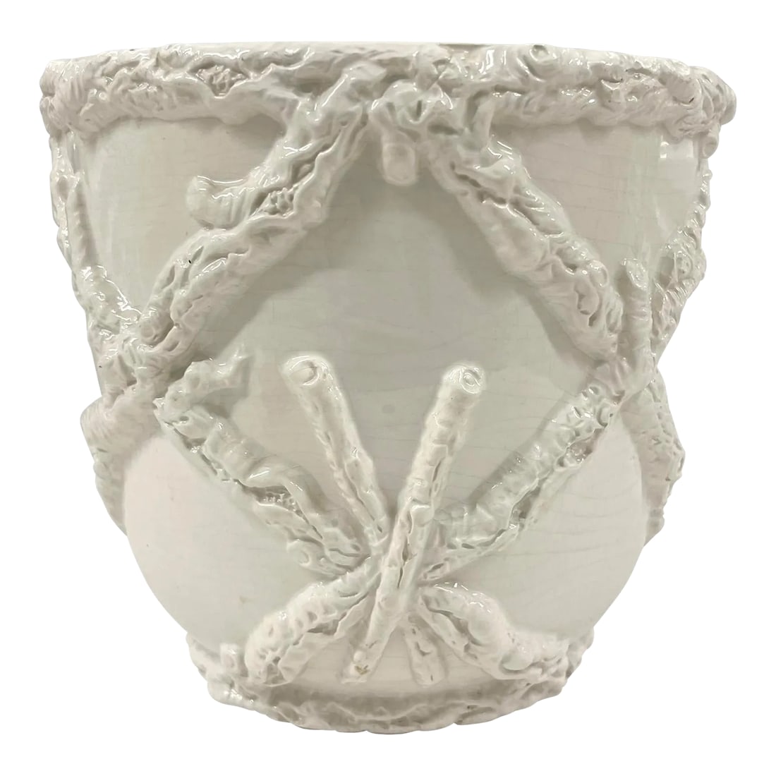Vintage Italian Porcelain Faux Bois Cachepot: A chic mid-20th century Italian porcelain cachepot with a faux bois design, and finished in a cores crackle glaze. Perfect size for a small houseplant, our tucked next to the sink in your bathroom or 