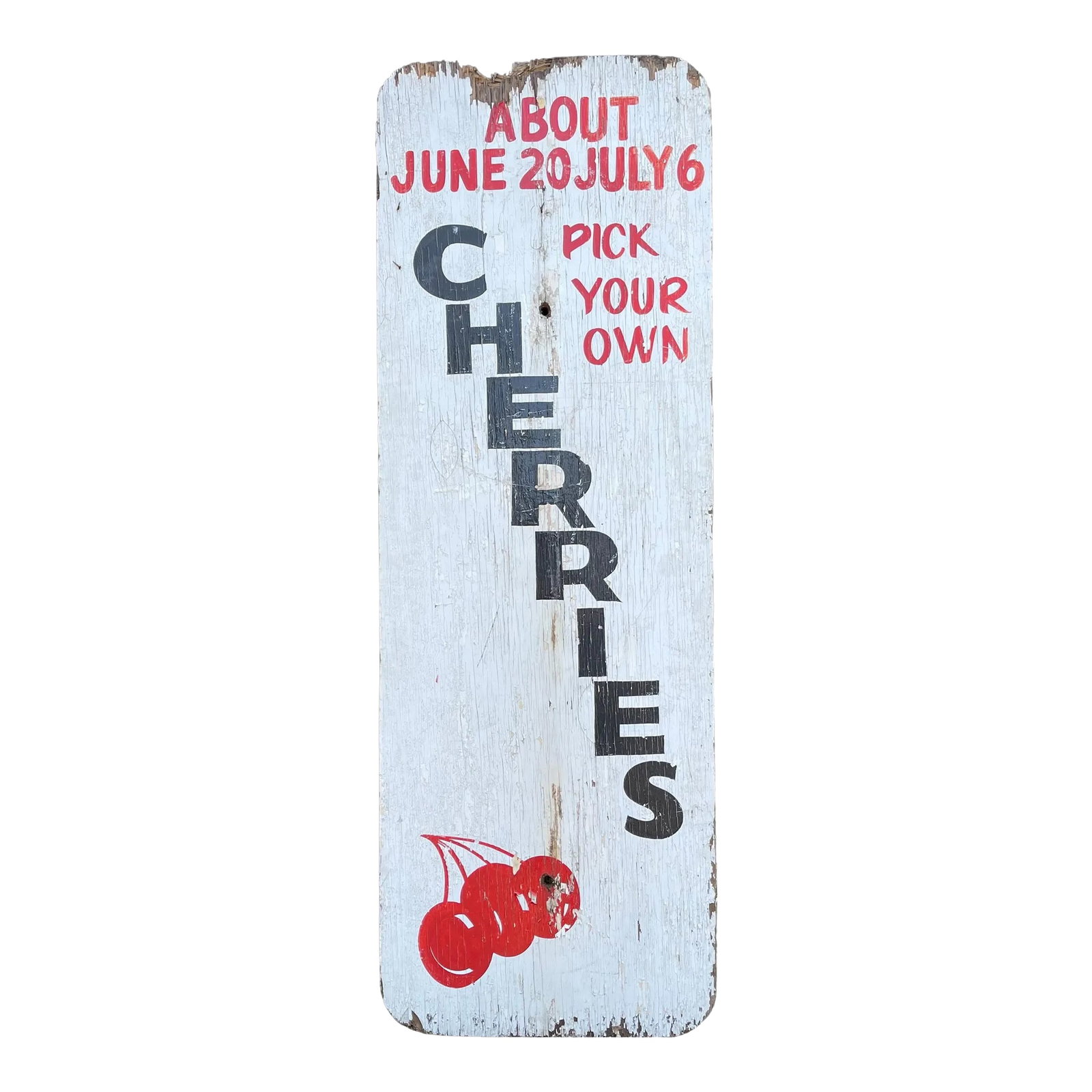 1940s Authentic Rustic 2-Sided Farm Stand Sign Apples Cherries with Patina: Fantastic real vintage 1940s New Jersey farm sign Two sided Apples on one side Cherries on the other Hand painted on plywood 6' tall Natural patina from age and outdoor use, including paint chipping